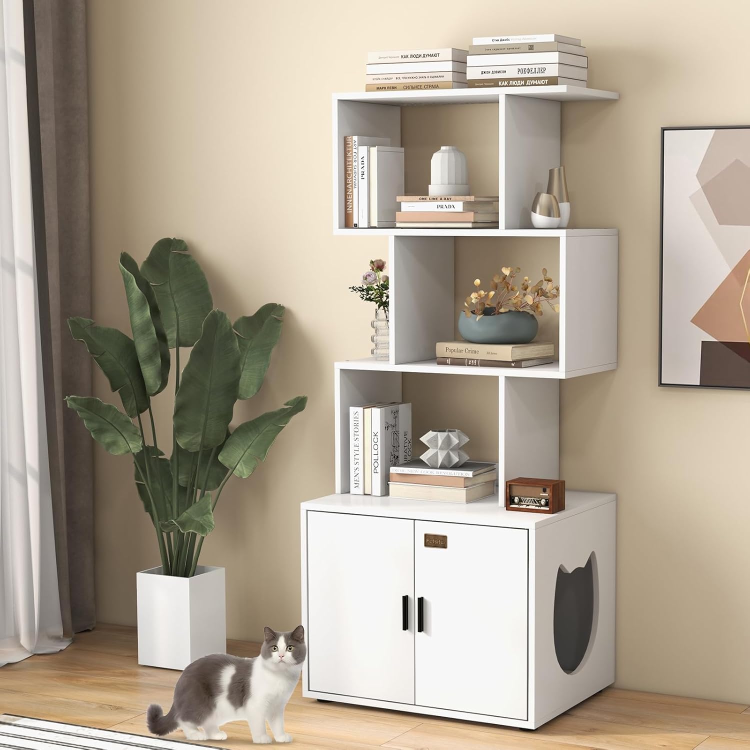 Meuble Litière Chat Costway - Cache Bac à Litière Discret Avec Rangement - Design Industriel/blanc
