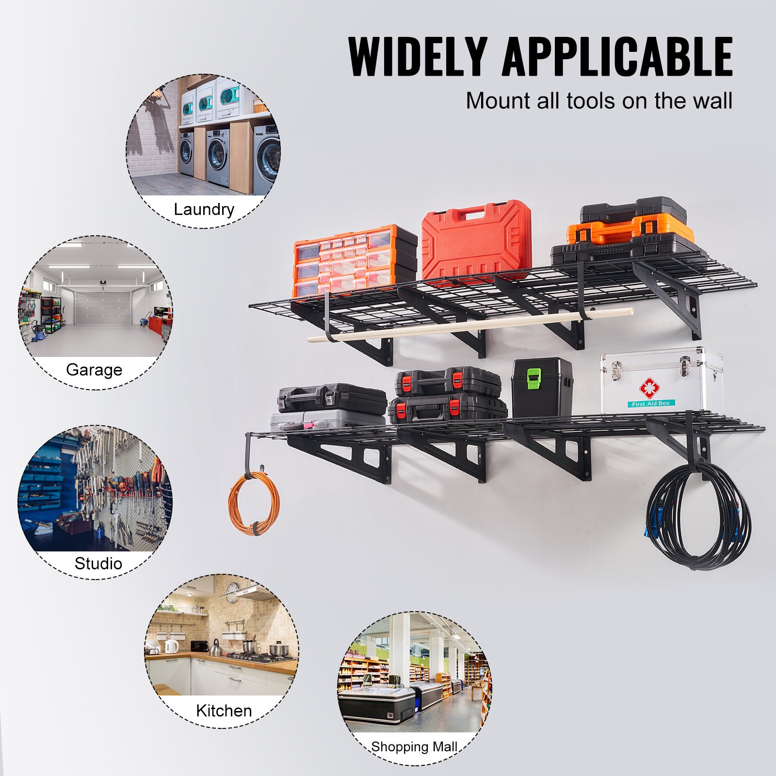 Étagères Murales de Garage Industrielles 122 × 61 cm SucceBuy – Lot de 2 Étagères Métal Suspendues, Charge 113 kg/Niveau, Rangement Atelier & Entrepôt - 8