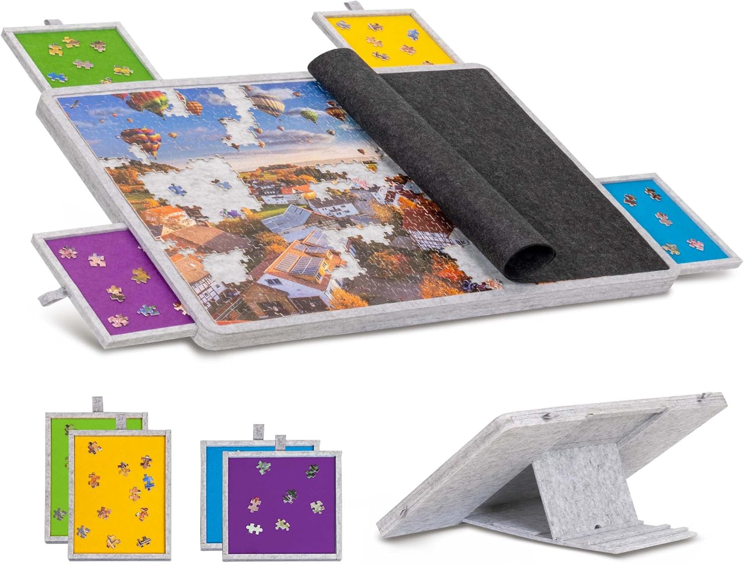 Plateau de puzzle inclinable 2 en 1 avec support et couvercle – 6 tiroirs de tri, plateau en feutre léger pour 1000 pièces, table de jeu portable, cadeau pour adultes et enfants