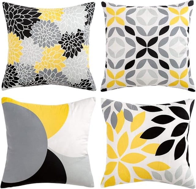 Housse de Coussin Souple, 45x45 cm, Motifs Jaune, Gris, Noir, 4 pièces, Décoration Canapé, Salon, Chambre, Voiture