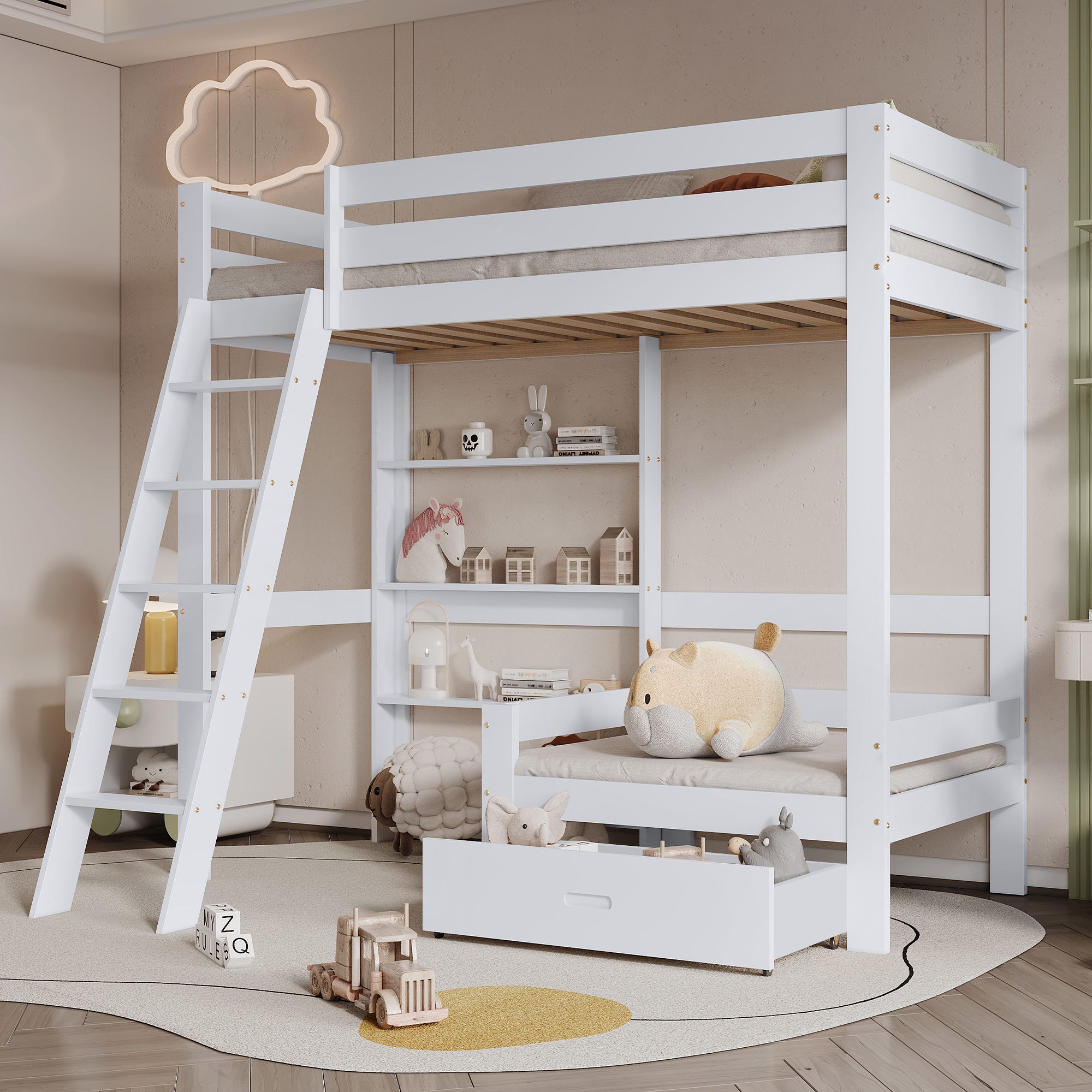 Lit mezzanine 90 x 200 cm avec bureau, bibliothèque, tiroirs et échelle, Bois MDF, Gris | Leroy Lit mezzanine 90 x 200 cm avec bureau, bibliothèque, tiroirs et échelle, Bois MDF, Gris | Leroy