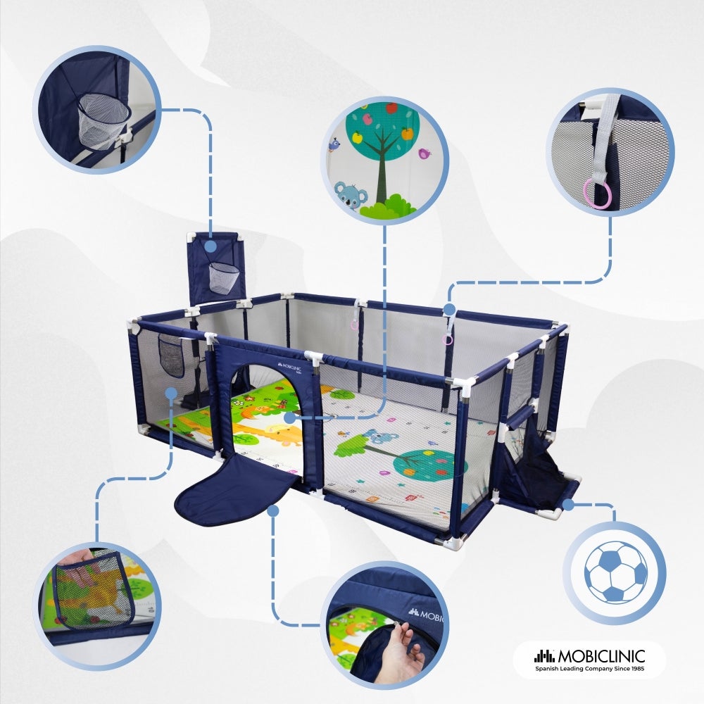 Parque infantil com tapete Mobiclinic Cercadinho bebé Tapete 128 x 233 cm Aros Cesto e rede de futebol Saco de transporte Kidland Azul - 4