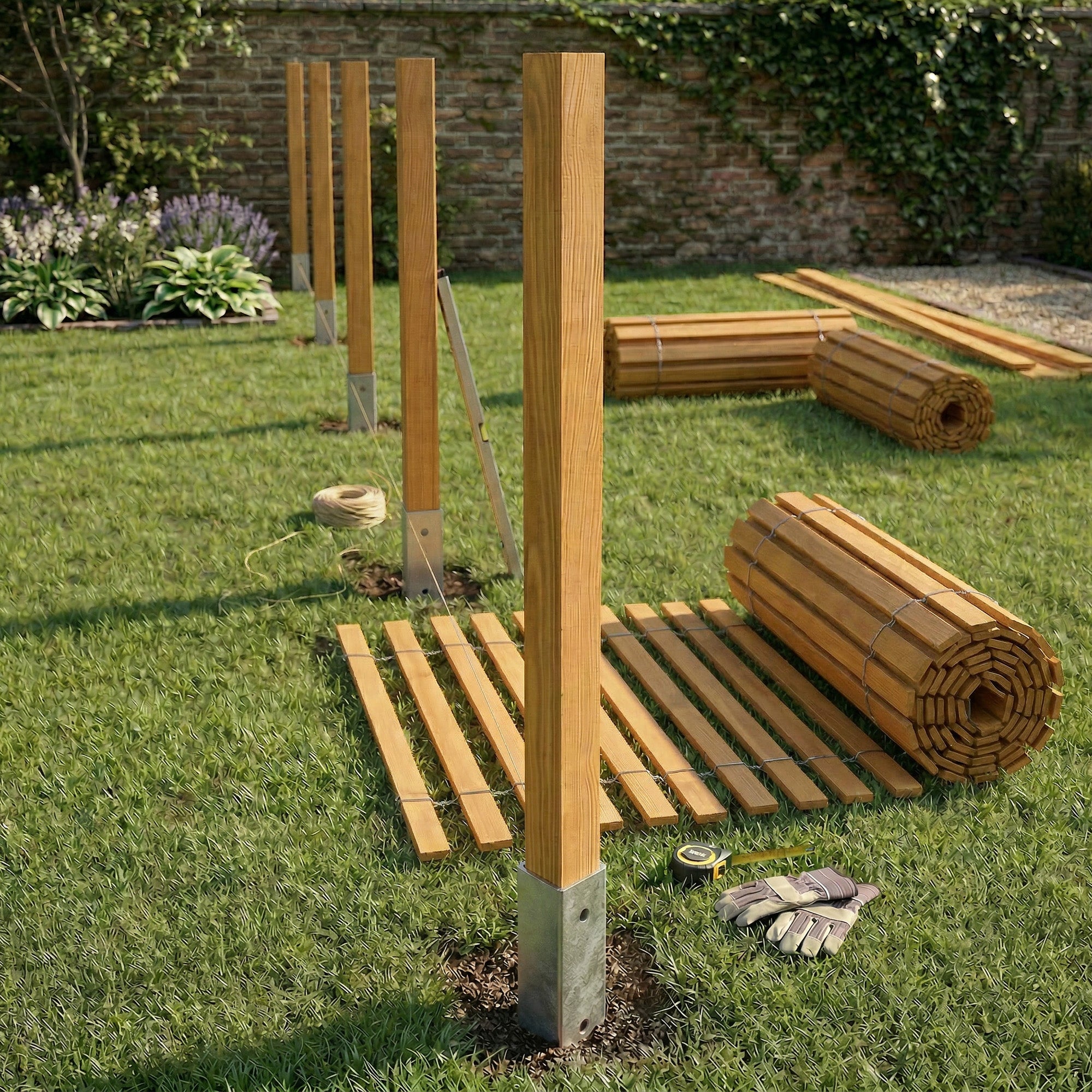 Lot de 6 Poteaux Carrés en Bois Imprégné BOGATECO - 5x5x120 cm - Pour Clôture et Jardin - 7