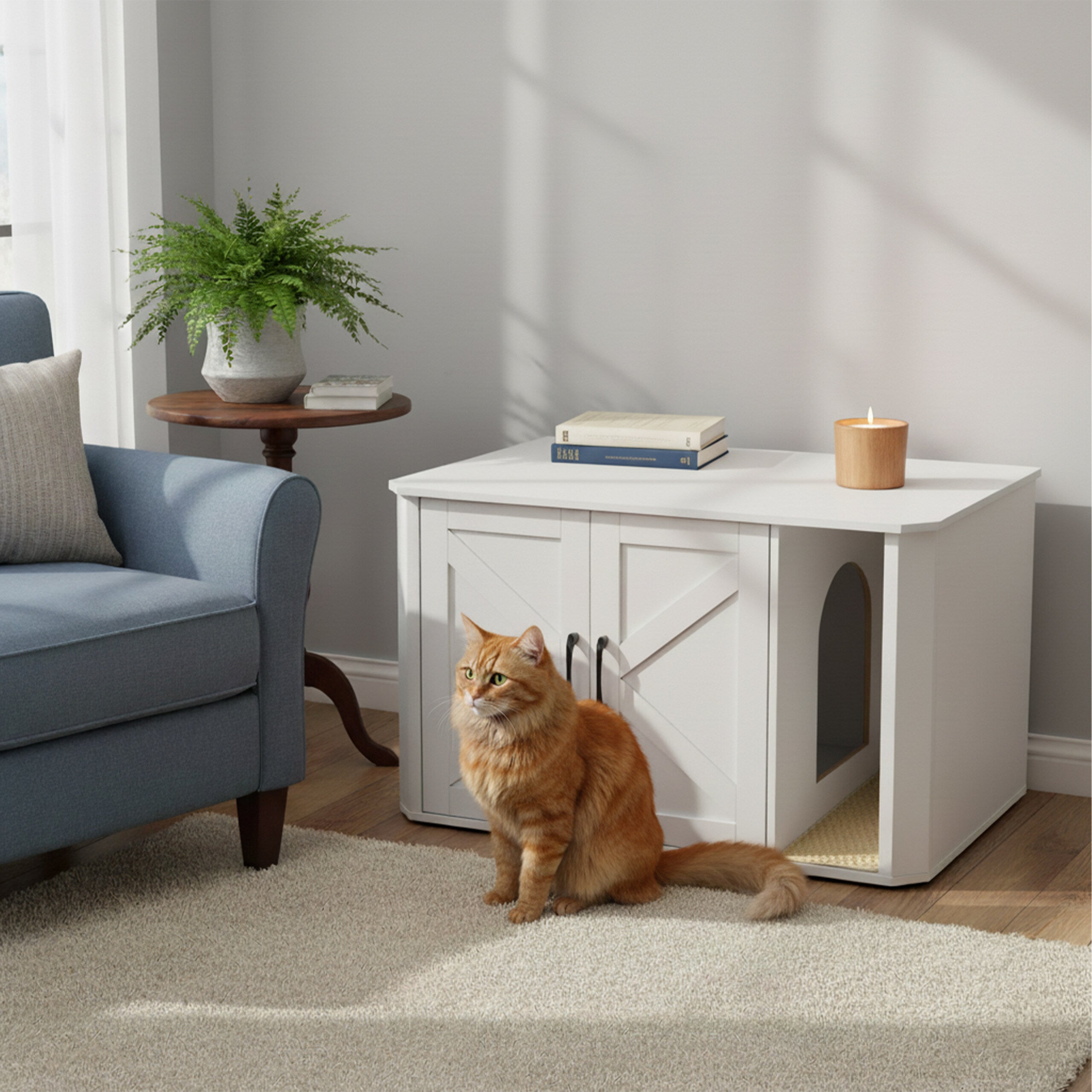 Móvel para caixa de areia para gatos com entrada e tapete, para ocultar a caixa, 50 x 85 x 49 cm branco, Relaxdays - 2