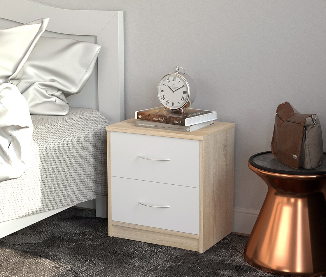 Mesita de noche habitación 2 cajones Roble / Blanco melamína 41x39x28 cm Dormidán - 3