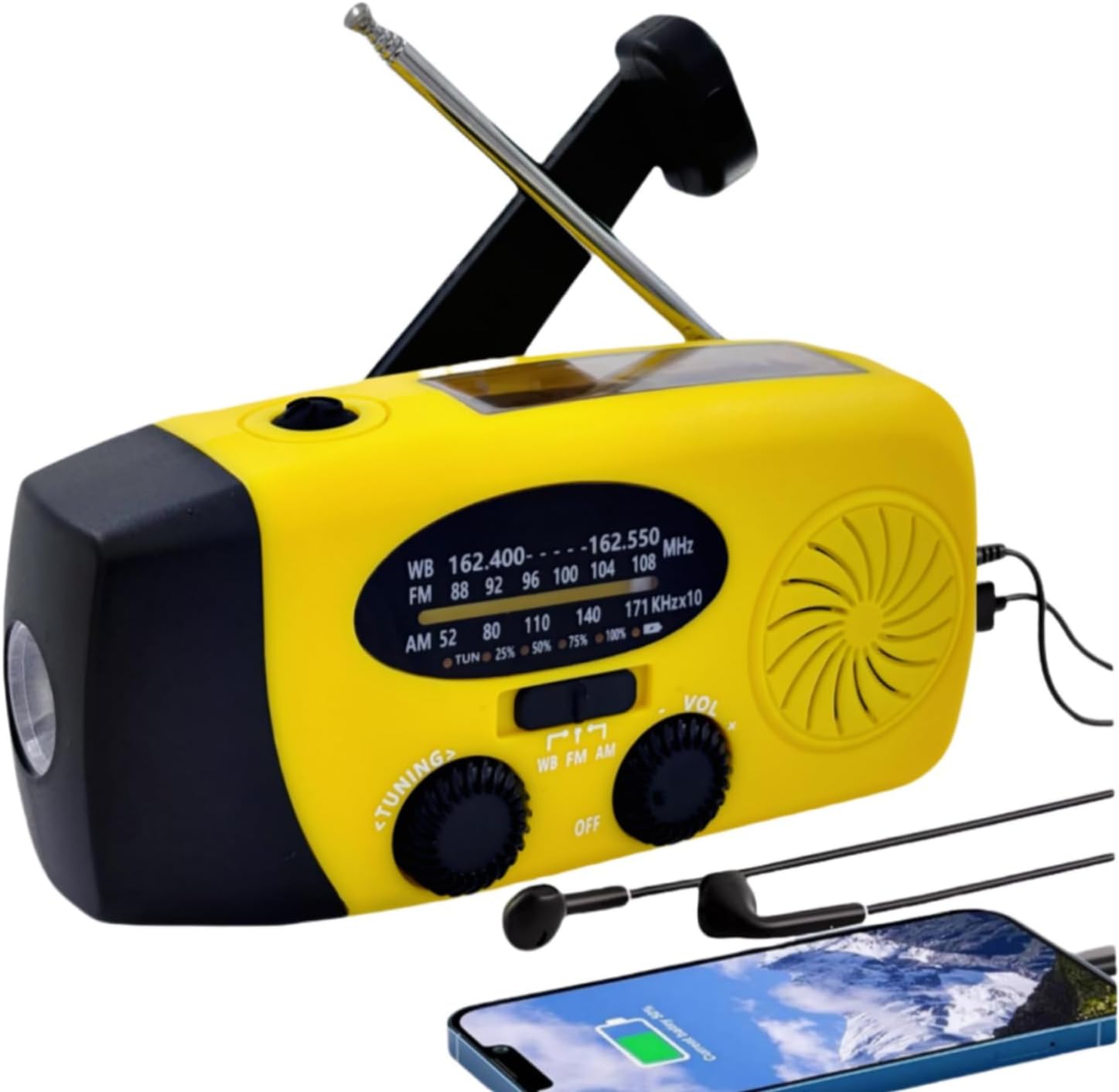 Radio z korbką zasilane energią słoneczną o pojemności 2000 mAh, z latarką LED, alarmem SOS i ładowarką do telefonu, przeznaczone do przetrwania na