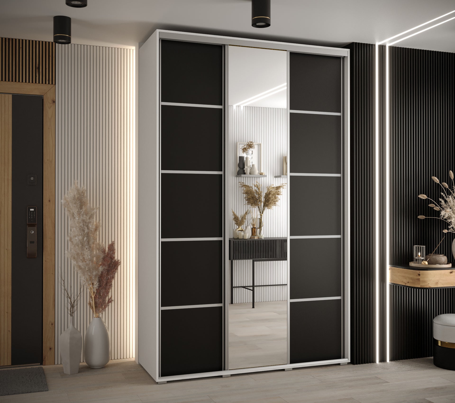 Szafa przesuwna z lustrem wysoka Davos 5 150 x 60 x 235,2 cm biały + czarny + u. srebrny - Abiks Meble - 2