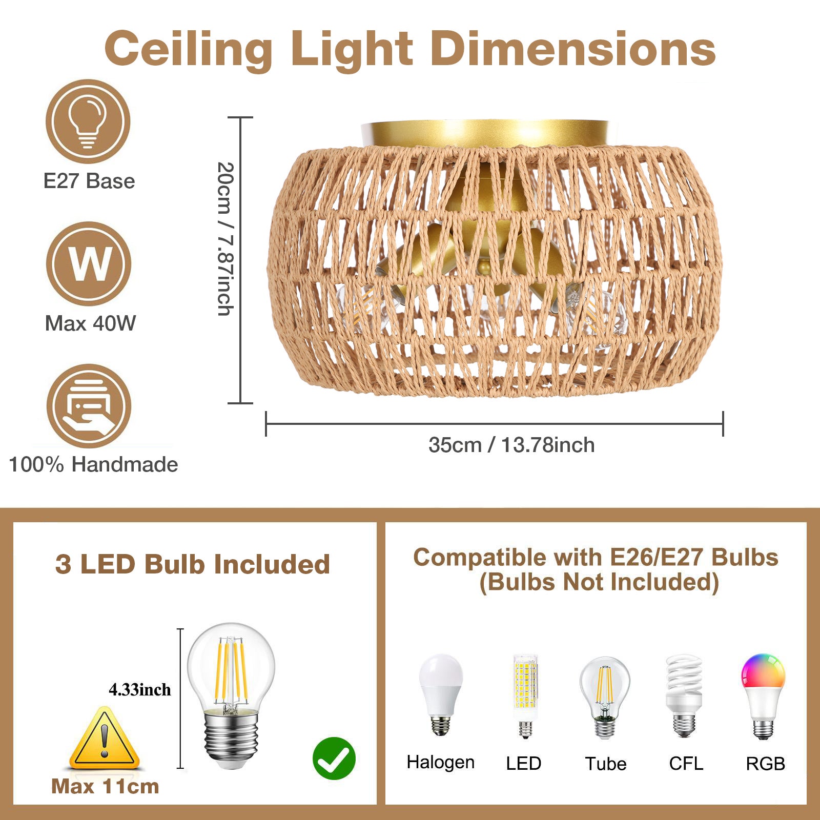 Lámpara de Techo de Ratán Vintage 3 Bombillas - Lámpara Boho con Pantalla Natural para Salón, Dormitorio o Cocina - Estilo Rústico y Acogedor - 2