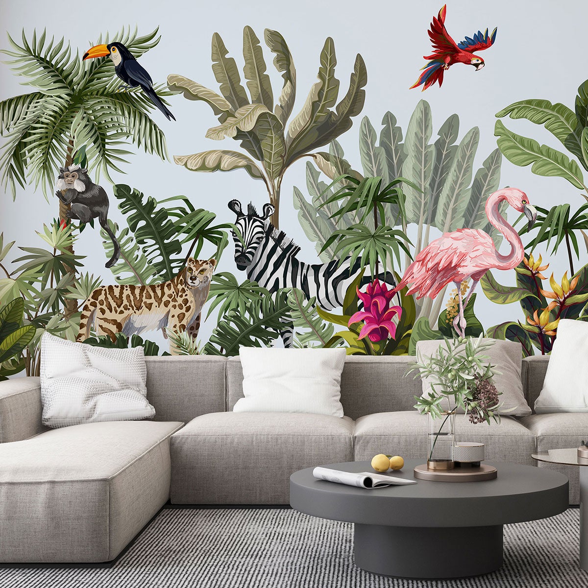 SILK ROAD EU Papel Pintado Pared Panorámico Jungla De Seda, 500cm × 280cm, Grupo De Loros En La Selva Rosa, Póster Gigante De Pared Personalizado 3D Para Salón O Dormitorio