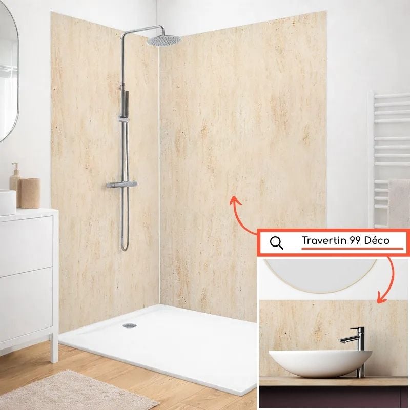 Crédence de salle de bain en Aluminium effet pierre Beige 140x30 cm (en 2 bandeaux) - Travertin - 5