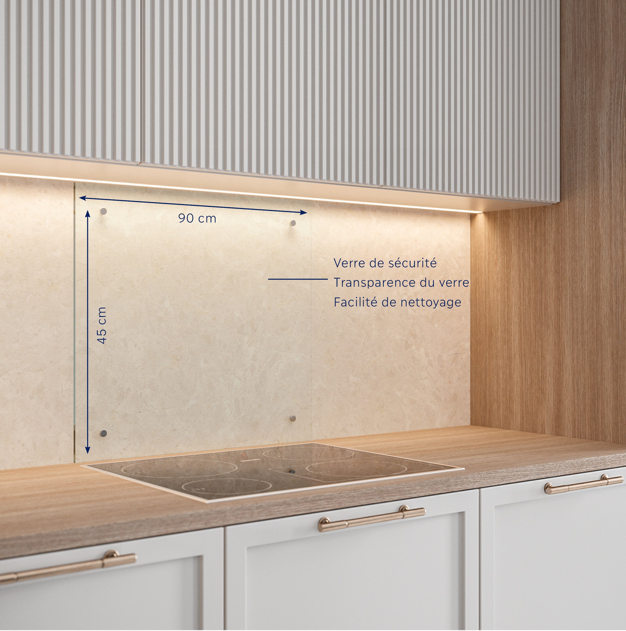 FOND DE HOTTE VERRE TRANSPARENT TREMPE 45X90 6 mm avec 4 trous + kit de fixation - 6 Kg - Fabrication Française AURYS NORMANDIE - 2