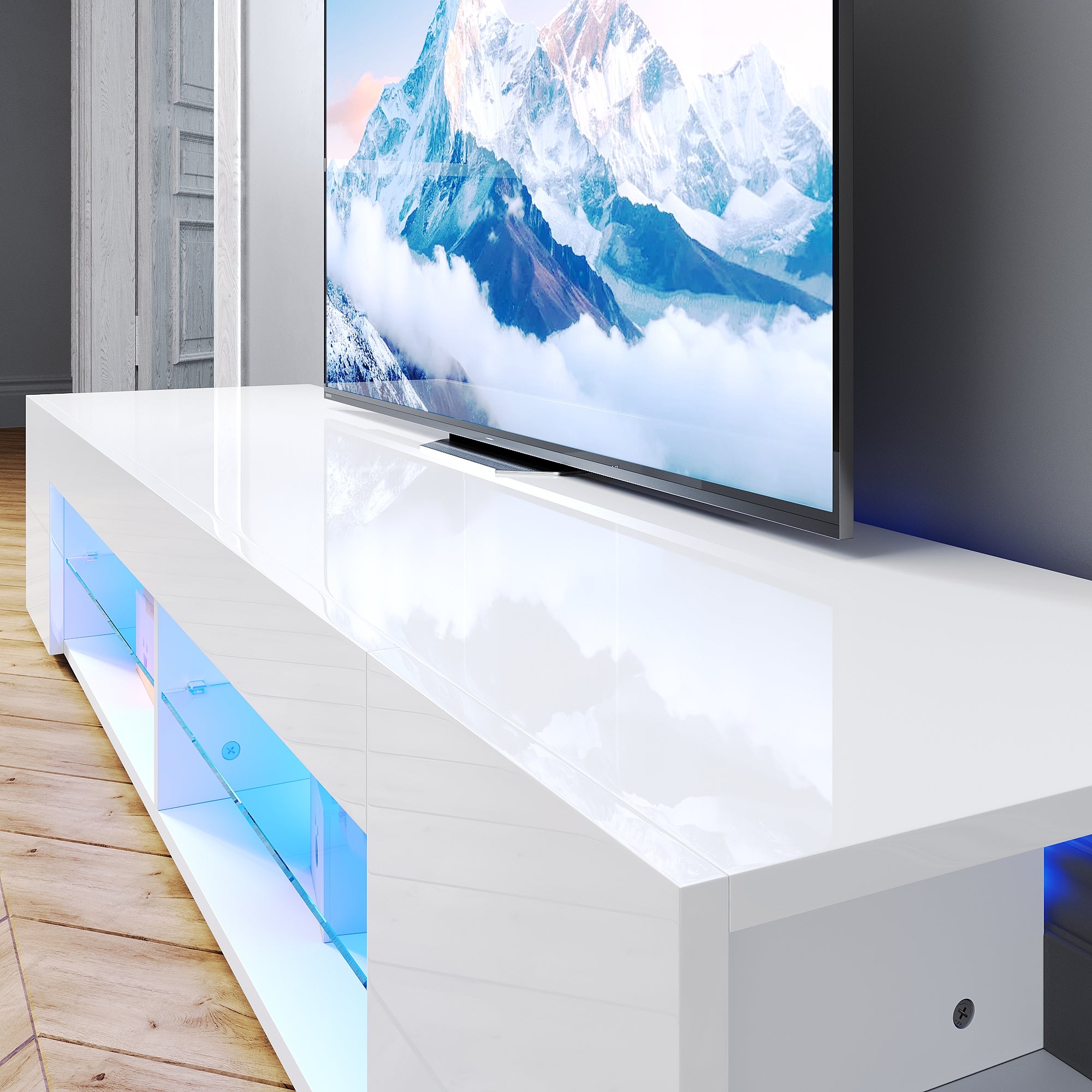 SIRHONA Meuble TV LED Moderne Demi-ouvert Placer Space + Verre Stratifiée + Blanc + 160cm - 3