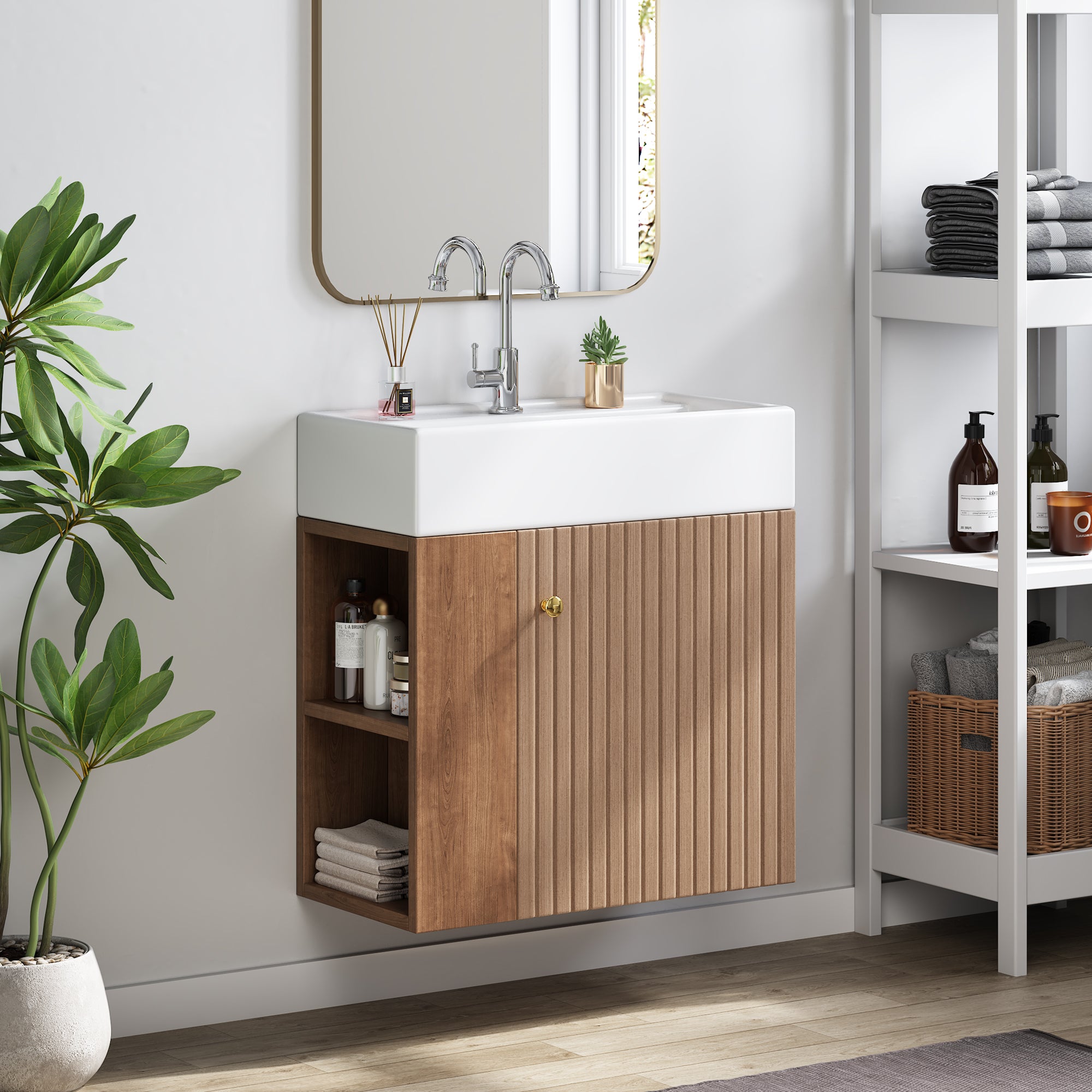 Meuble de salle de bain suspendu avec vasque carreé - 4 compartimrnts - Marron(robinet non inclus) - 2