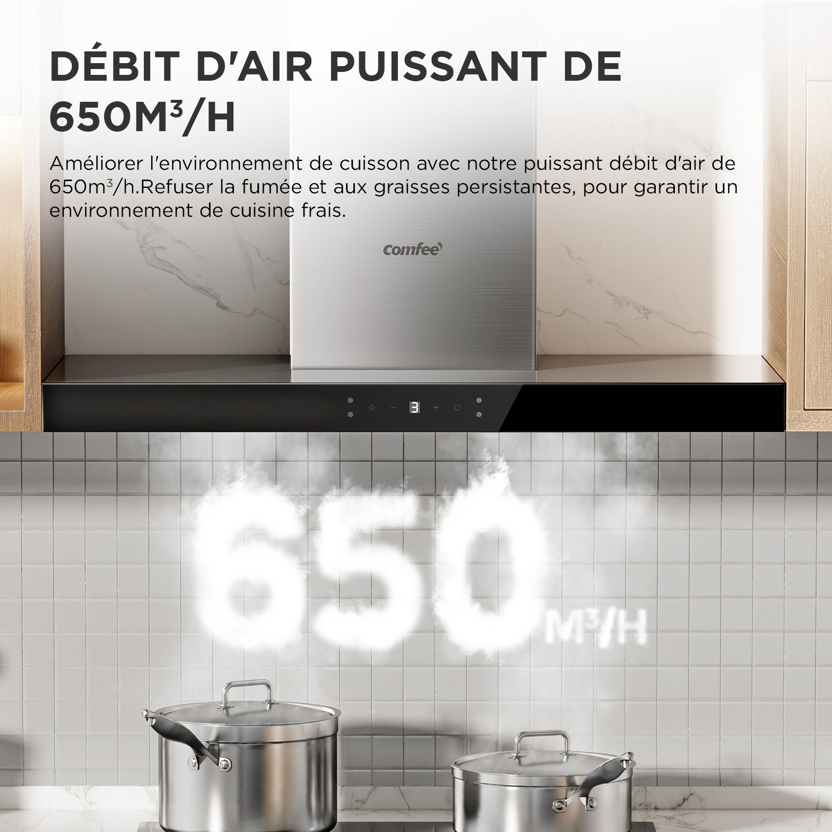 COMFEE Hotte Aspirante Tactile 90cm - Classe A+++ - 650 m³/h - Filtre à Charbon - 4 Vitesse - LED Affichage - En Inox Noir - 2