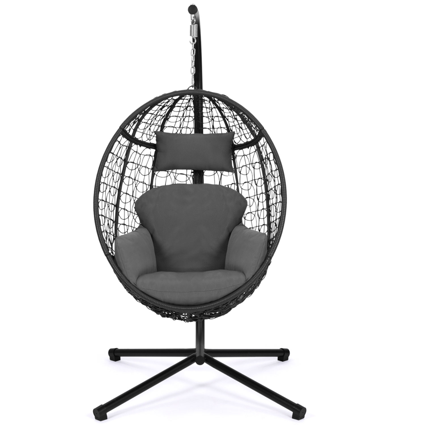 Fauteuil oeuf suspendu ajouré effet rotin gris avec coussin gris - 5