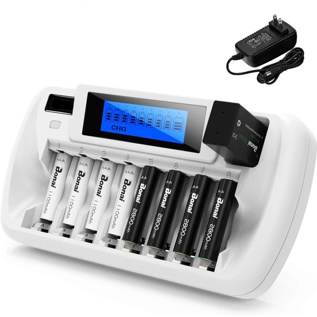 Chargeur de Piles LCD 8+1 Slots, Universel pour AA/AAA/Ni-MH/Ni-CD/9V Batterie Rechargeables, Écran LCD Intelligent, Chargeur Rapide DC 12V/1A