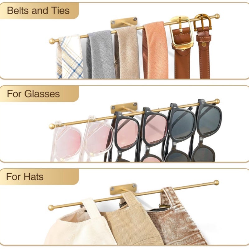 MINICLOSS Organisateur mural pour bijoux, présentoir doré pour lunettes, lot de 2 présentoirs muraux modernes pour salle de bain. - 9