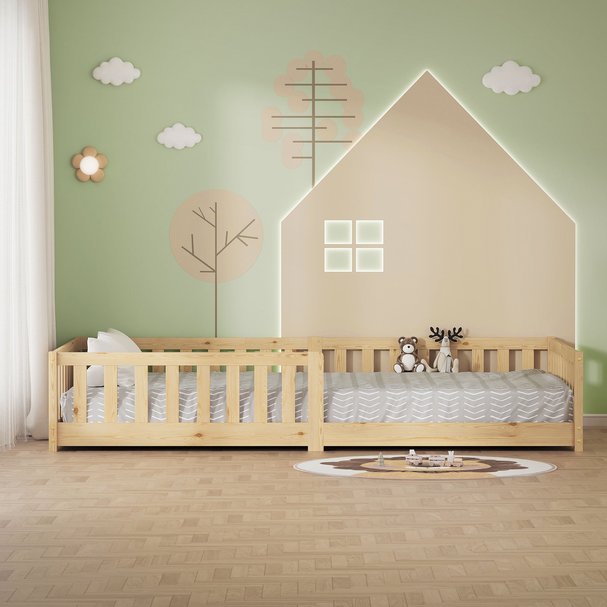 ML-Design łóżko dziecięce montessori 120x200 cm naturalne podłogowe drewniane z solidnym stelażem i ochroną przed wypadnięciem komfortowe dla dzieci