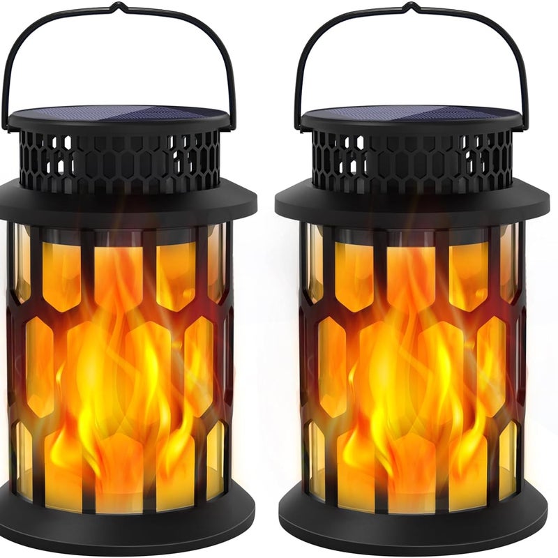 Lampy solarne do użytku zewnętrznego, wodoodporne lampiony wiszące z efektem płomienia, 2 sztuki