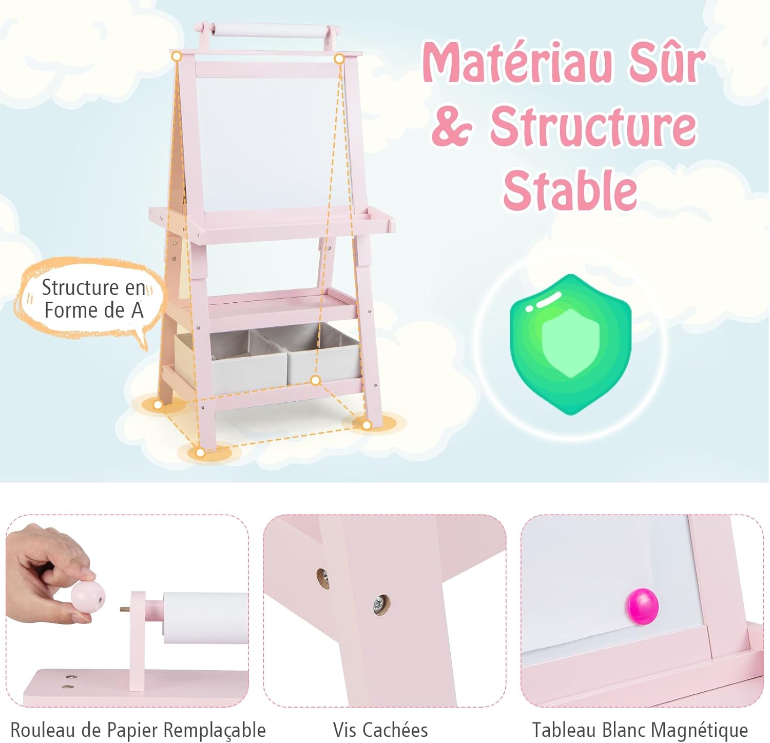 GOPLUS Chevalet Enfant Double Face – Tableau Blanc/noir, Magnétique, Rouleau De Papier Et Rangements – Rose