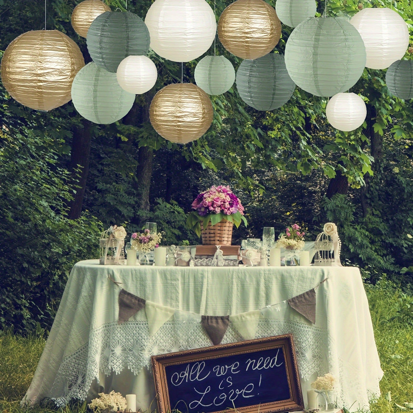 15 Lanternes en Papier Vert Sauge,Crème et Doré - Décoration Parfaite pour Mariages, Anniversaires, Fêtes Prénatales et Jardins 25cm - 5