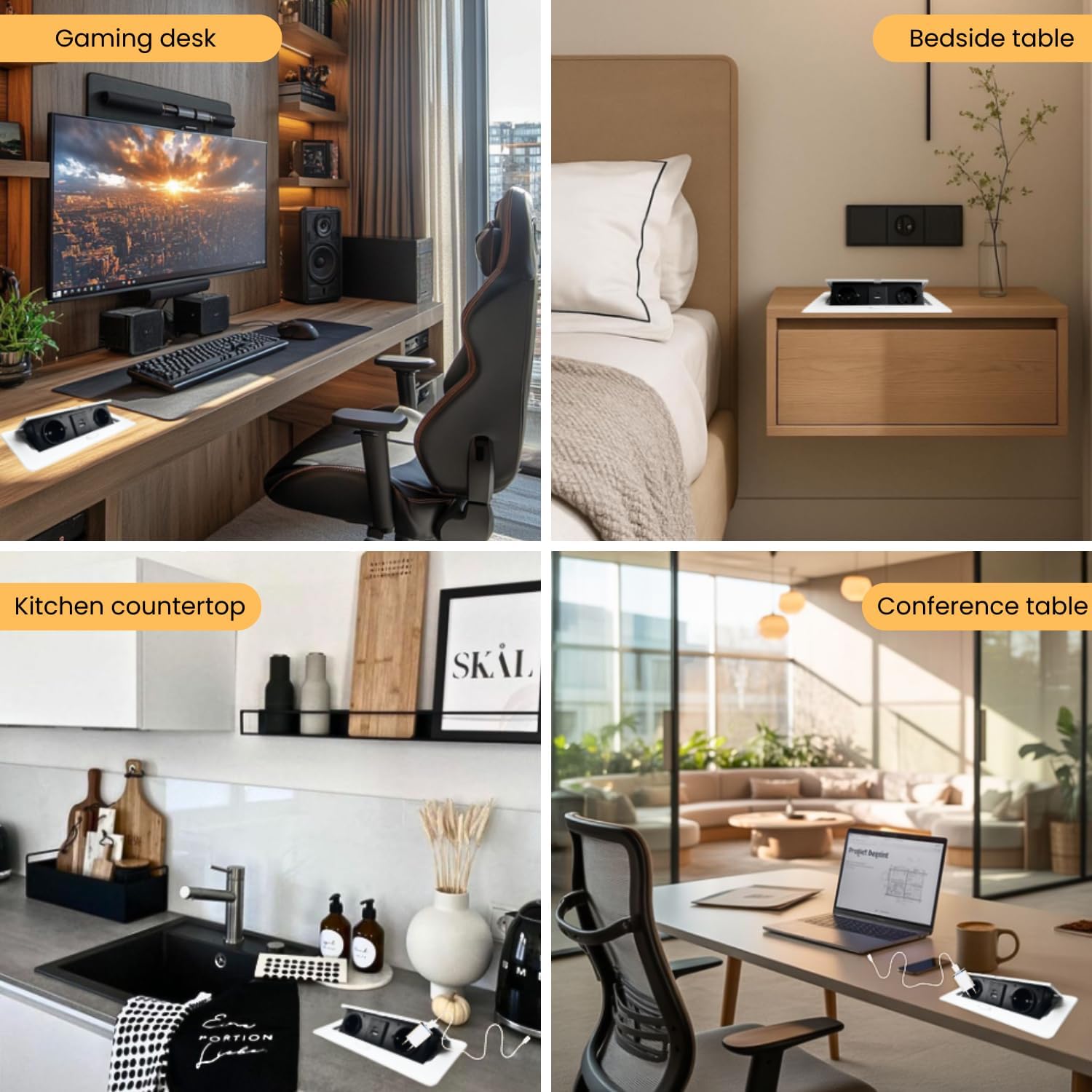 Multiprise Encastrable Escamotable avec 2 Prises SCHUKO + 2 Prises USB (A+C), Câble de 1,5 m – Pour Bureau et Table (Couleur Blanc) - 5