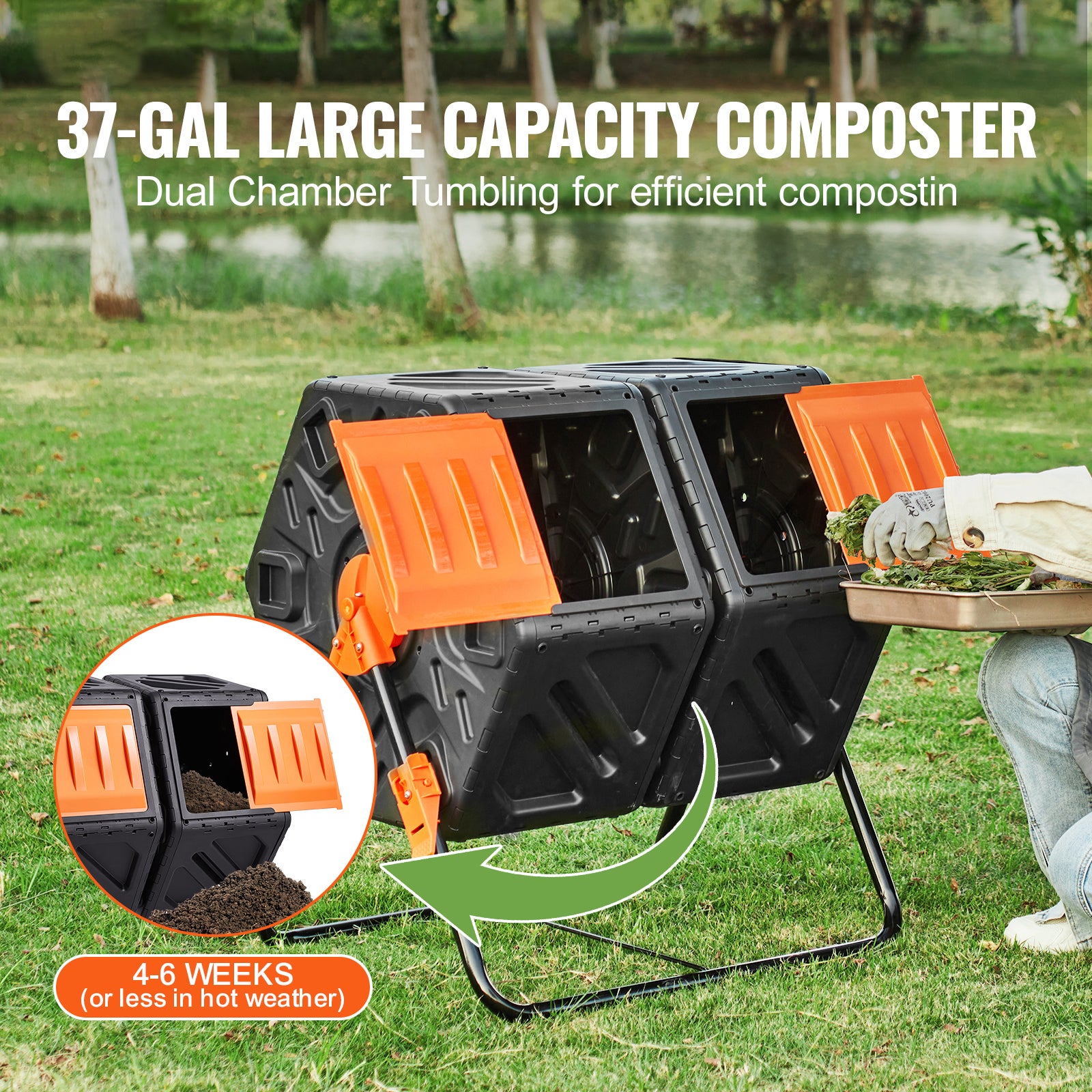 Composteur rotatif SucceBuy double chambre 37 gal avec 2 portes coulissantes, cadre en acier, sans BPA pour jardin, cuisine et cour - 4