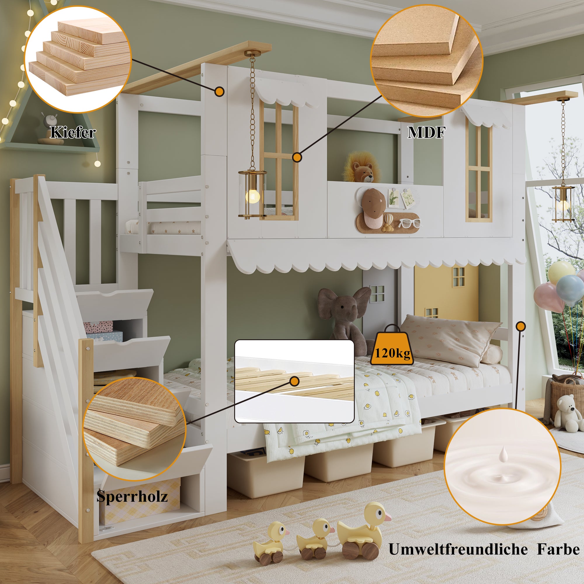Łóżka piętrowe 2 x 90 x 200 cm z 4 drzwiami i 2 oknami - Sosna + MDF + sklejka - Białe i naturalne (Materace nie są wliczone w cenę) - 7
