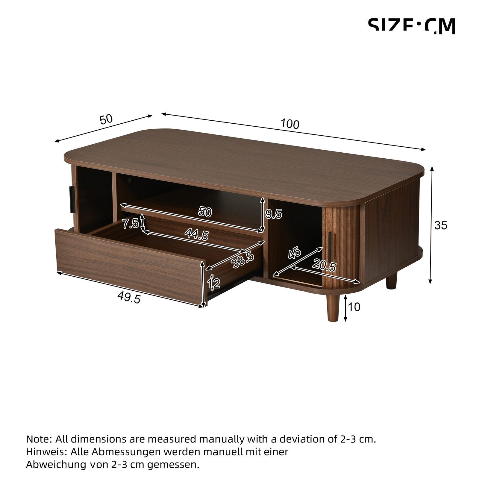 Charging Structure Table basse finition noyer 100x50x35 cm, 1 tiroir, 2 portes à lamelles ...