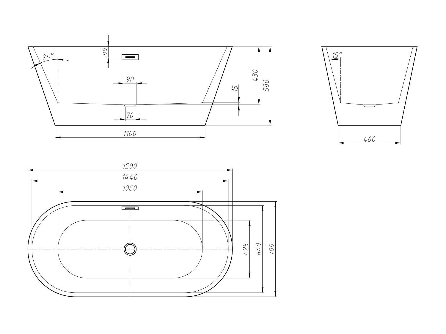 Bañera exenta design - 201 L - 150 x 70 x 58 cm - Blanco - TWIGGY - 6
