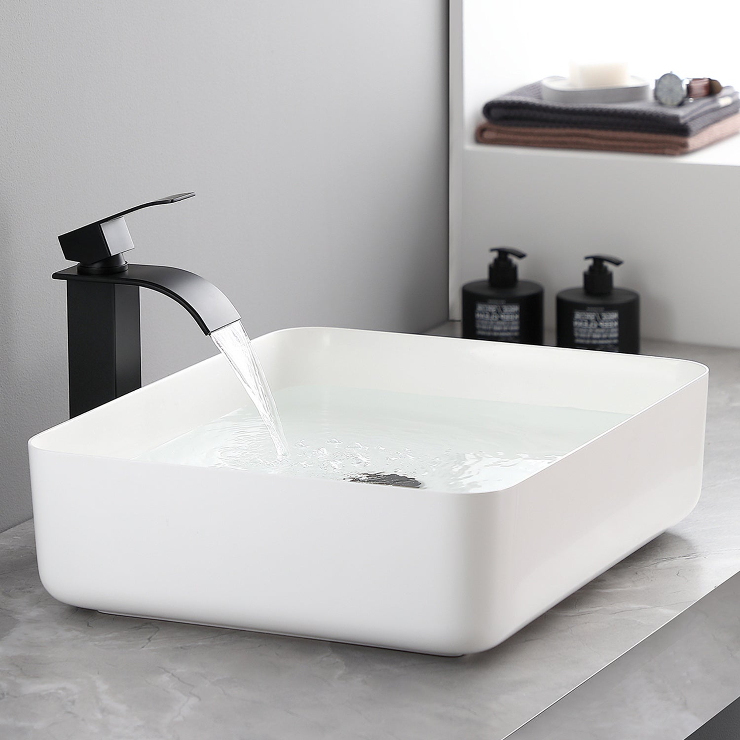 Cecipa max Mitigeur de lavabo en Cascade Noir et vasque robinet lavabo Acier inoxydable Robinet vasque Carré Haut Bec,EU Modèle - 6