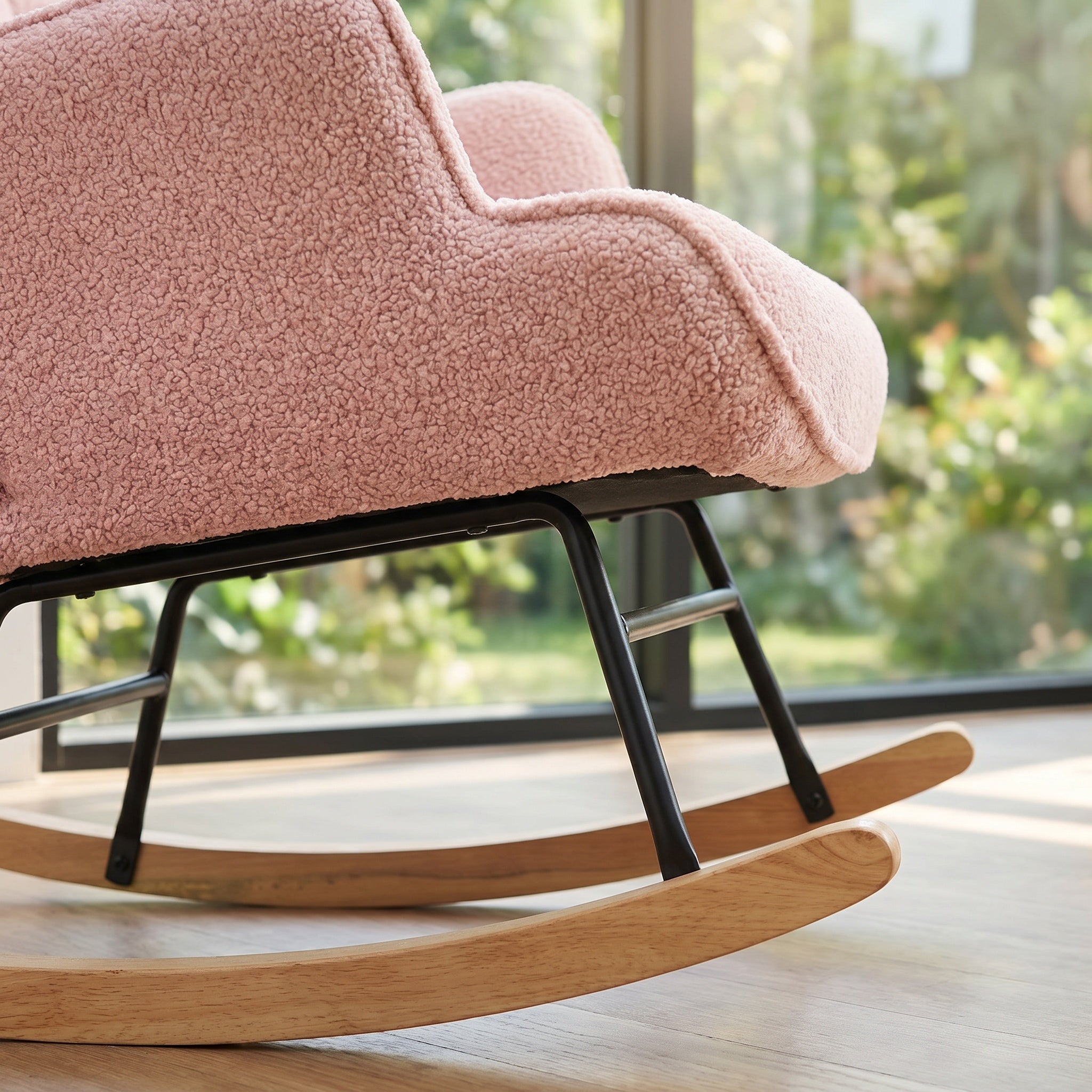 Fauteuil à Bascule, Rocking Chair d'Allaitement - Structure en métal et pieds bois massif, Maximale : 150 kg, Tissu Peluche Teddy, Rose, 75x68x92 cm - 8