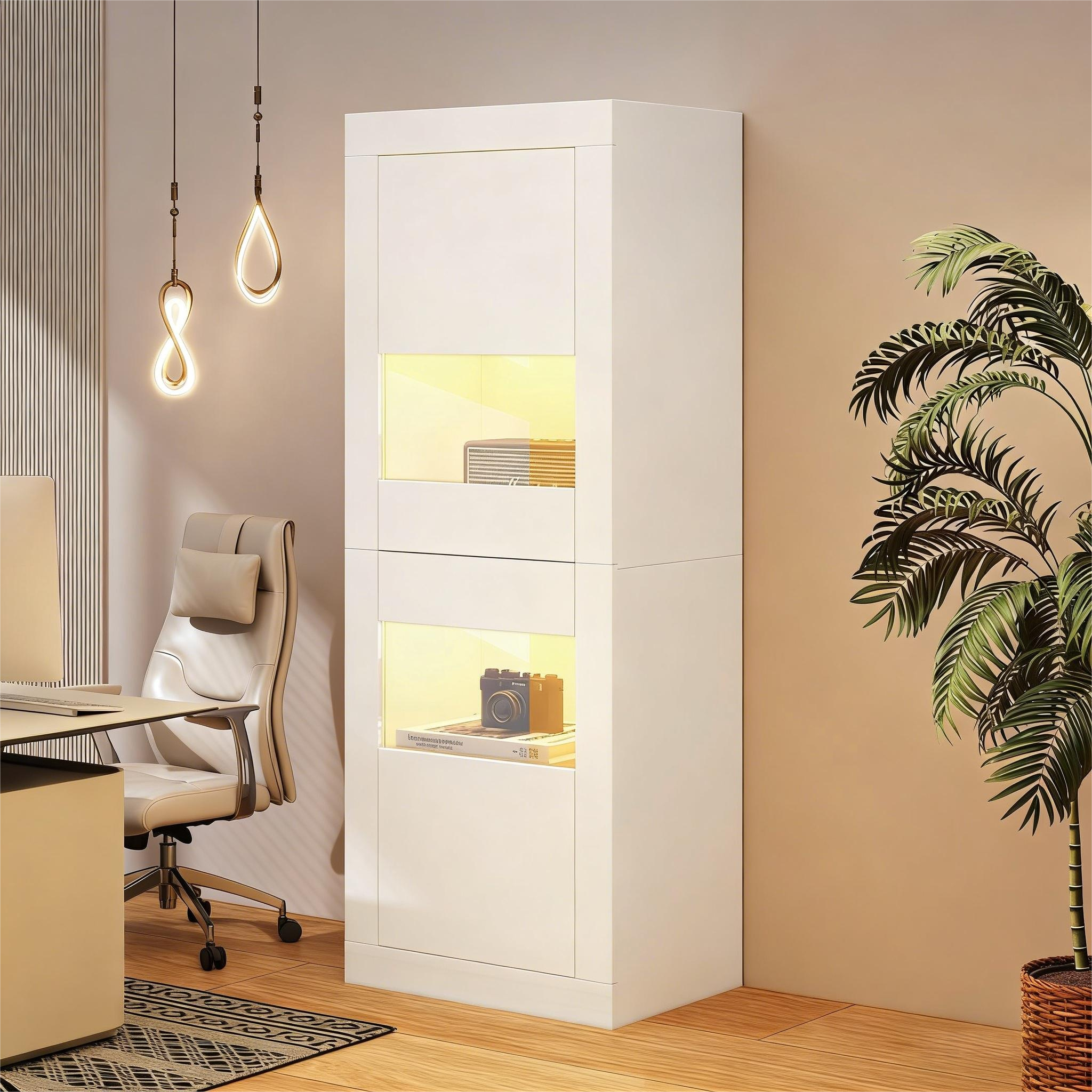 Witryna z 2 drzwiami, kredens - 61 x 42 x 162 cm - diody LED - płyta wiórowa - biała