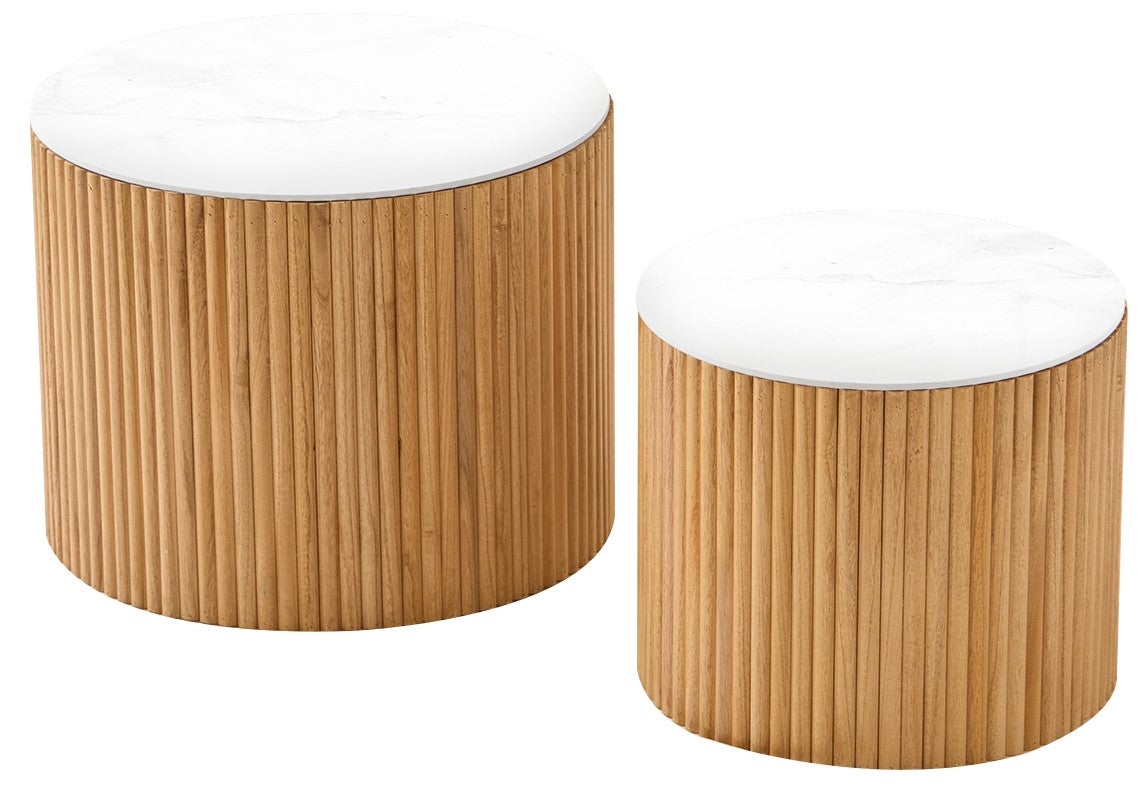 Lot De 2 Tables Basses En Bambou KARAT - Design Contemporain, Blanc & Naturel, 48x60 Cm + 40x40 Cm - 3