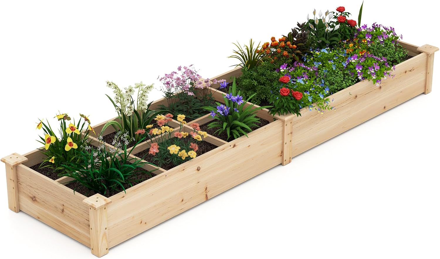 Jardiniere înălțată din lemn cu 2 ghivece de flori și separatoare, pat de grădină pentru cultivarea fructelor și legumelor, 228 x 62 x 25 cm