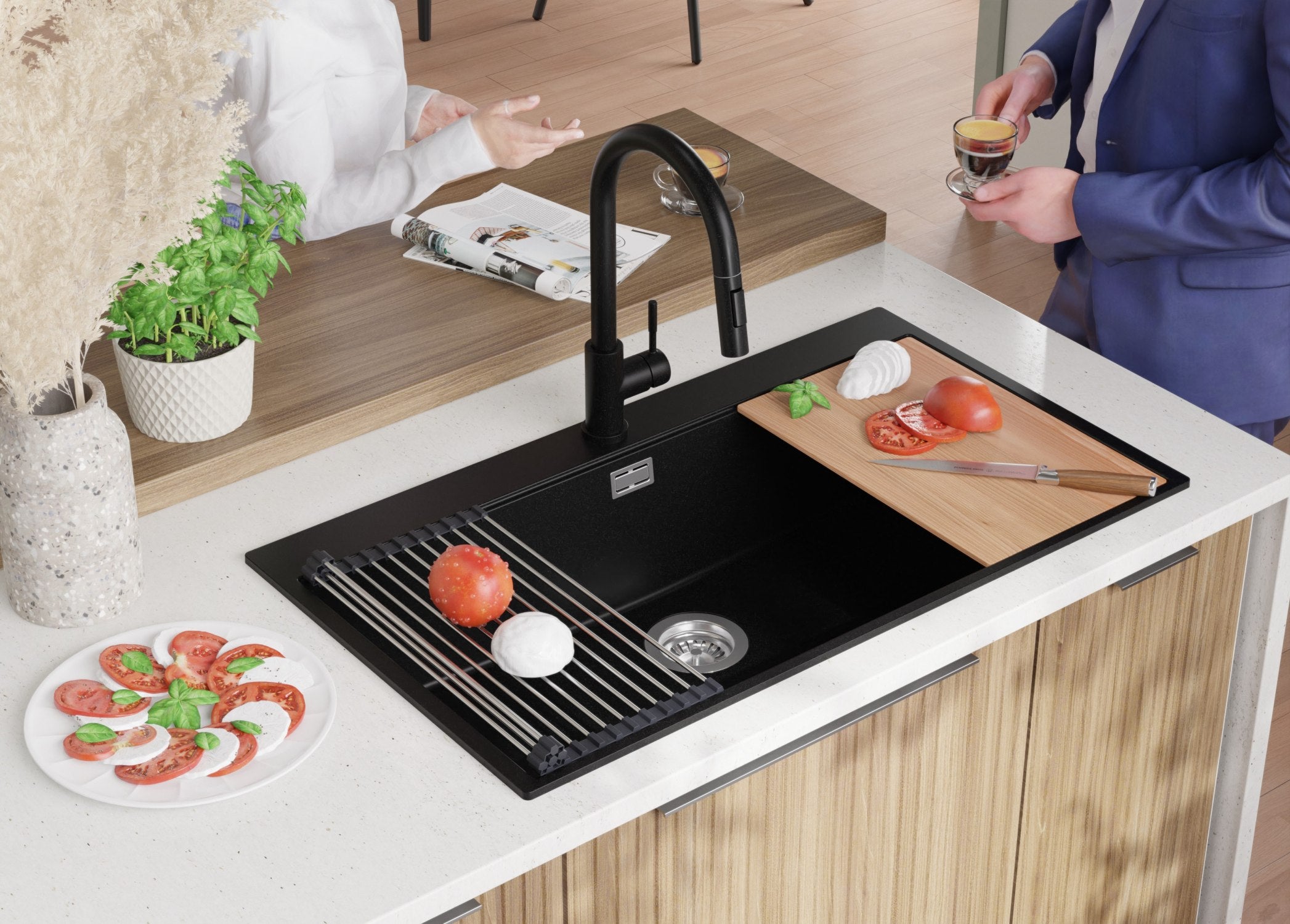 Lavandino da Cucina Nero 88x50cm, Lavello in Granito a 1 vasca + Sifone Classico + Accessori, Lavabo da Cucina Incasso al mobile 90cm PRIMAGRAN - 4