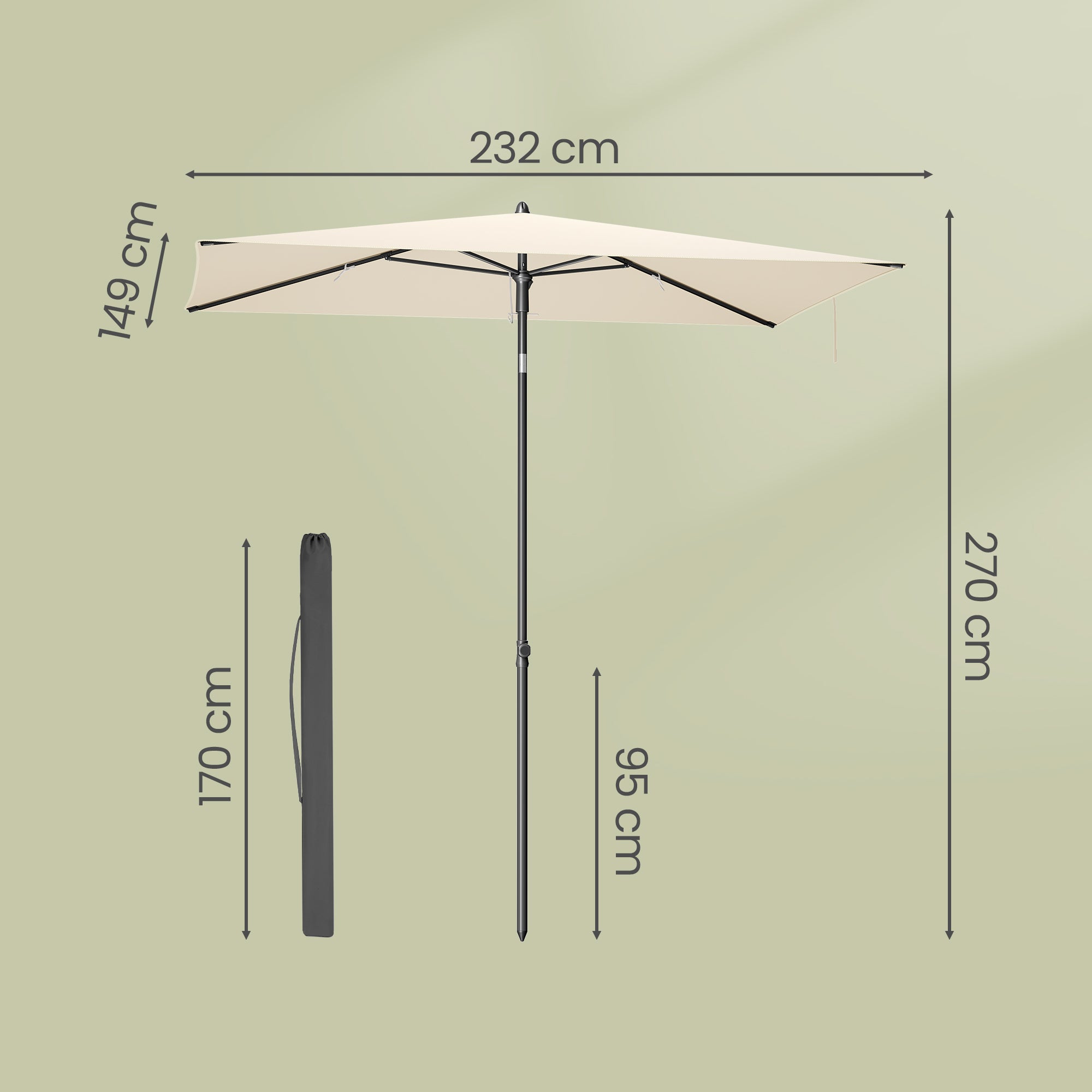 Parasol Rectangulaire Inclinable 232 x 149 cm, Protection Solaire UPF 50+, pour Plage, Terrasse, Jardin, Beige - 5