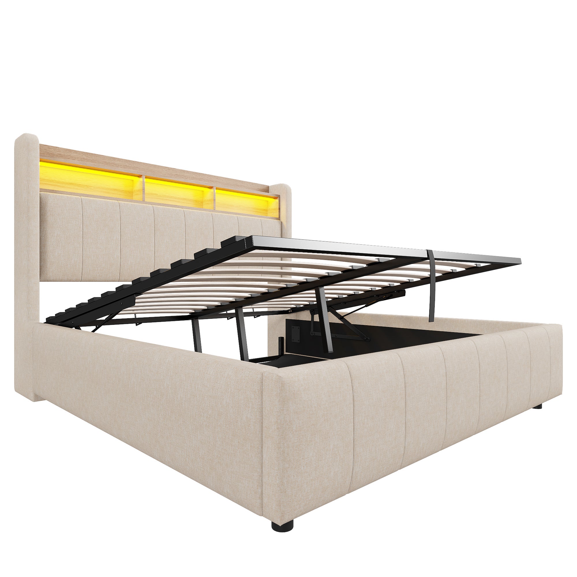 Lit coffre Lit double 160x200 cm avec LED, ports USB, tête de lit avec rangement, lin beige, sans matelas - 8