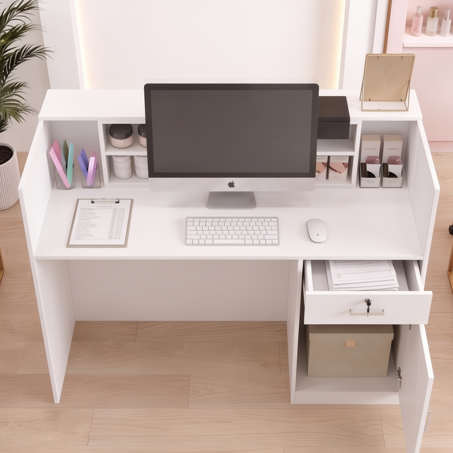 Bureau d’Accueil avec Case amovible, Comptoir de réception avec Porte et Tiroir verrouillable, Bureau, 140x60x110cm, Blanc - 5