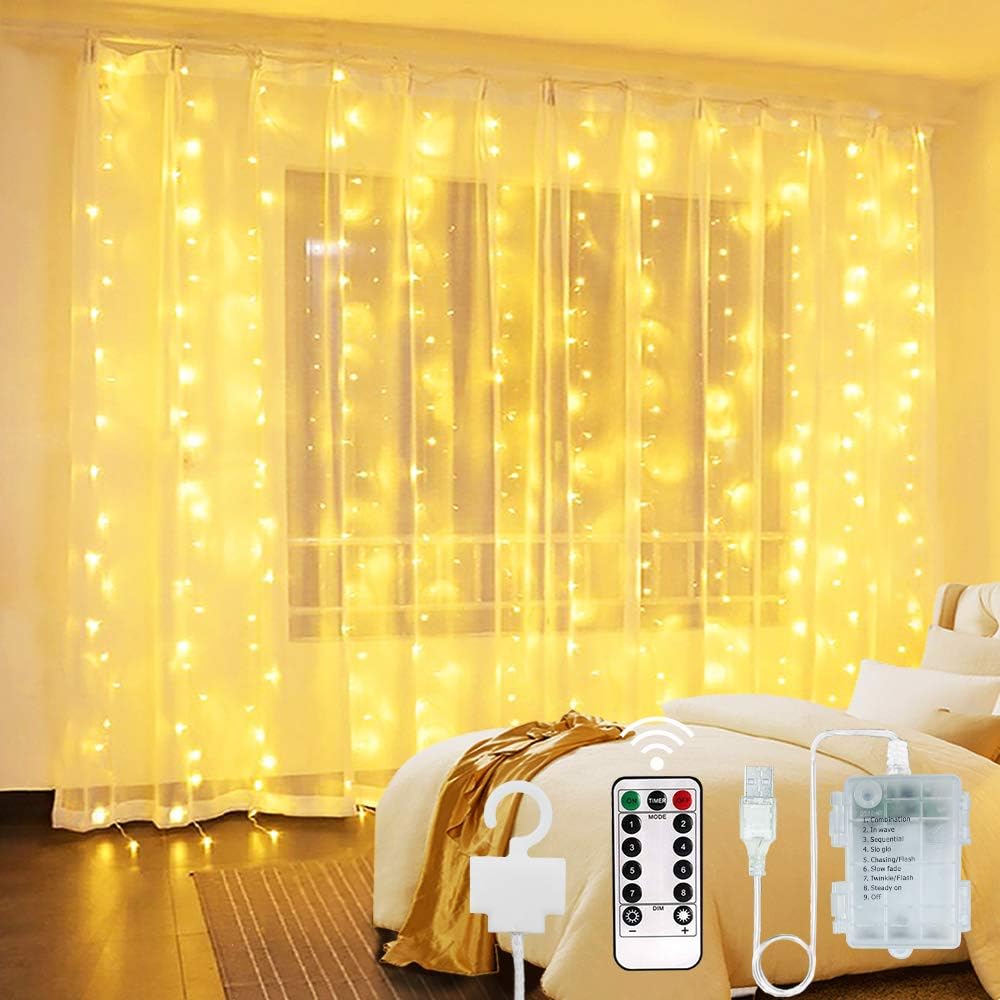 300 LED Curtain Light - 3 m x 3 m Wewnętrzne oświetlenie dekoracyjne zasilane przez USB i baterie z 8-trybowym pilotem zdalnego sterowania