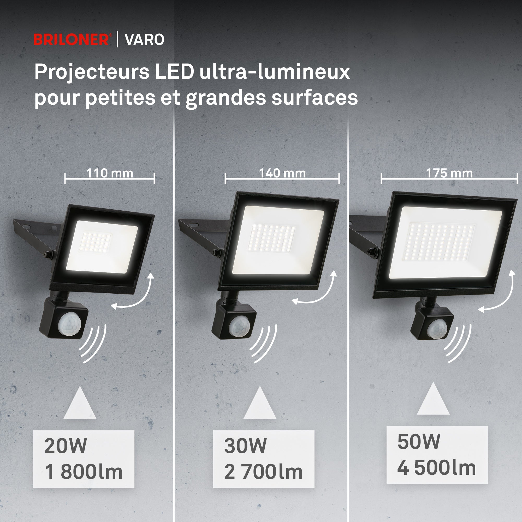 Projecteur LED - IP65 - Noir - 50W - 4500lm - 4000K - Détecteur de mouvement & capteur crépusculaire - 175×40×210mm - Briloner - 7