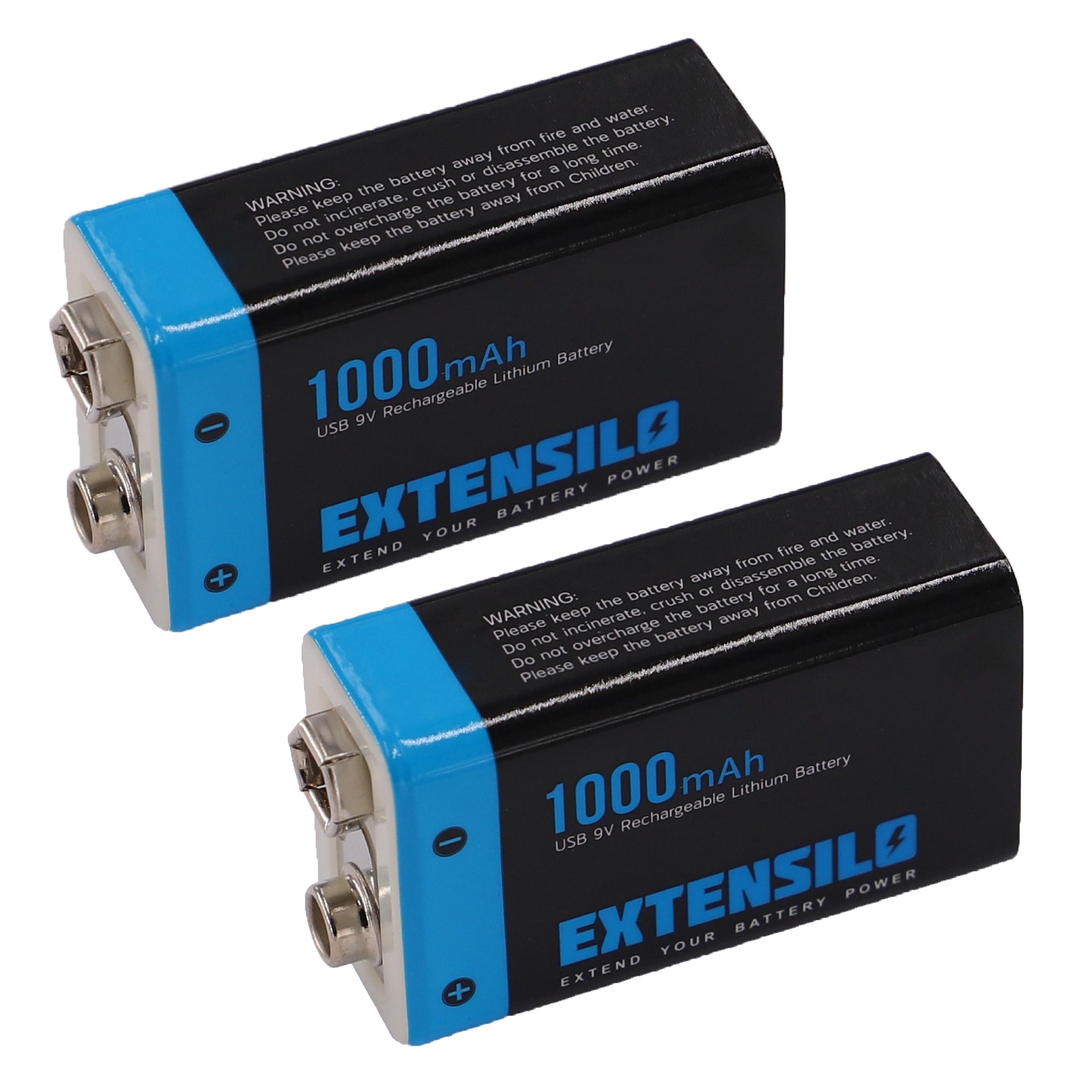 EXTENSILO 2x Piles bloc batterie 9V pour divers appareils (1000mAh, 9V, Li-ion), prête à l'emploi, avec port micro-USB - 3