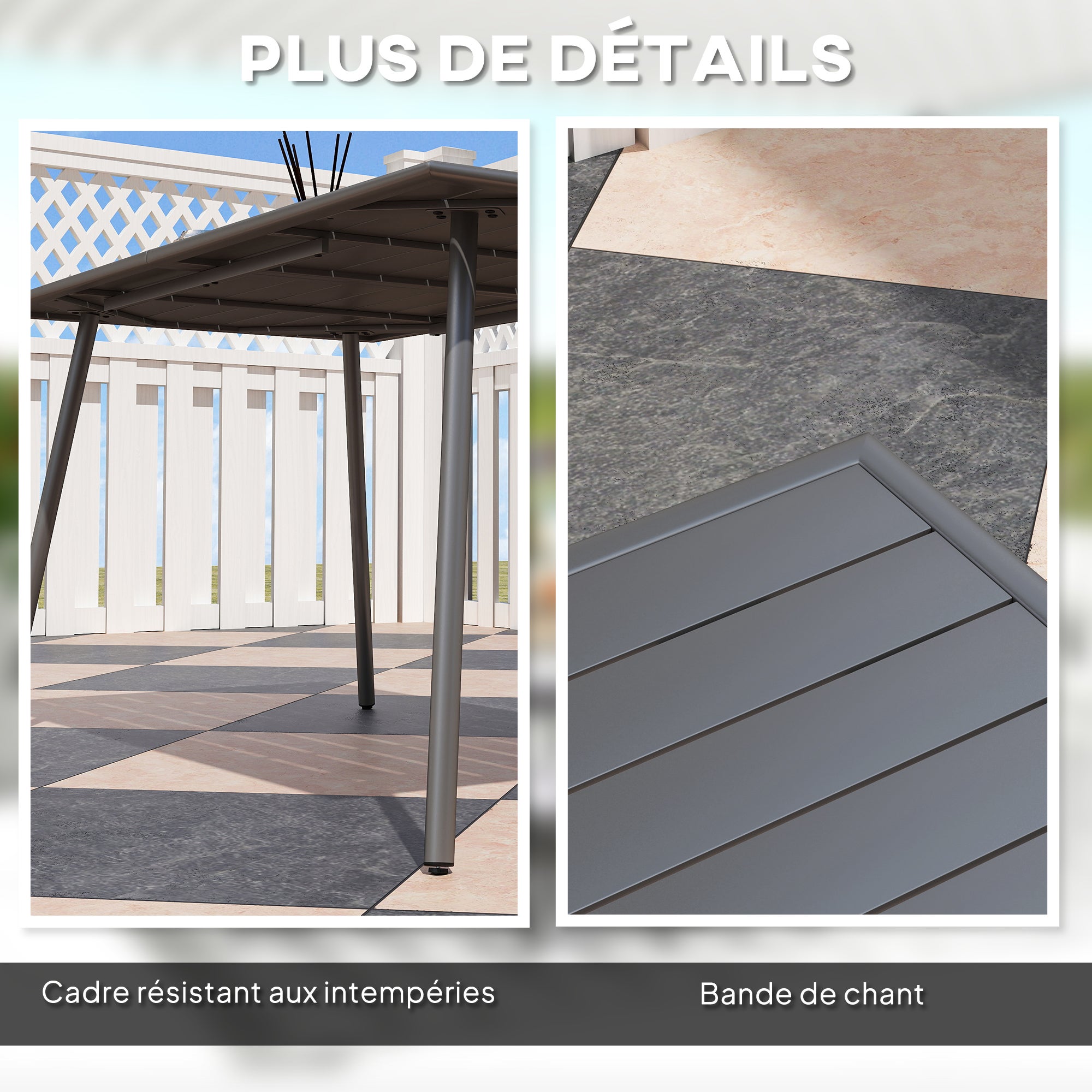 Table de jardin 6 personnes avec plateau à lattes, idéale pour jardin, patio ou terrasse. Dimensions : 150 x 80 x 74 cm, grise. - 7