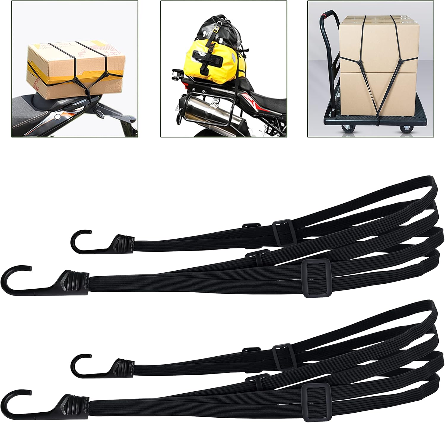 Zestaw 2 elastycznych sznurków mocujących z haczykiem do roweru, bagażu, kasku, czarny (90 cm, zestaw 2 szt.)