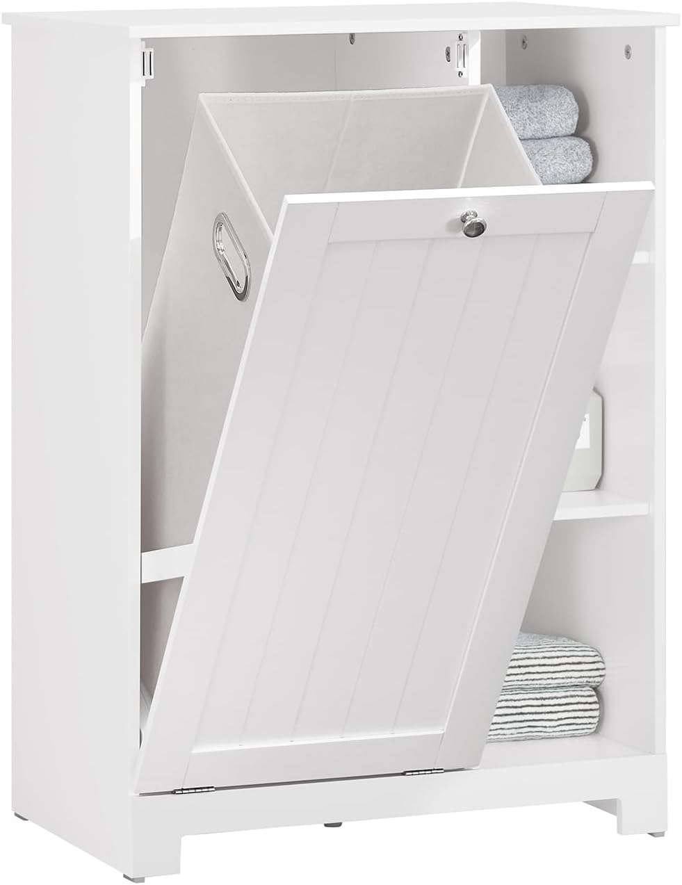 SoBuy Armoire à Linge 2-en-1 avec Sac Amovible, Meuble de Salle de Bain 3 Étagères et Panier à Linge, Blanc, BZR105-W - 2