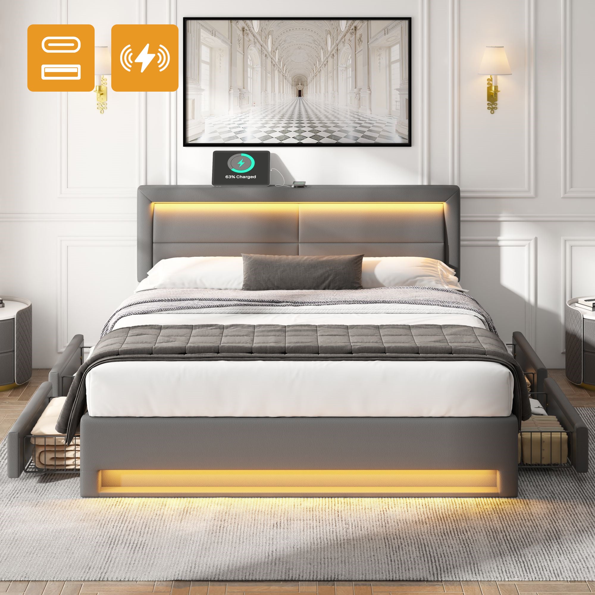 Łóżko tapicerowane 140 x 200 cm z 4 szufladami i zagłówkiem - port USB + diody LED - skóra ekologiczna - kolor szary (bez materaca)