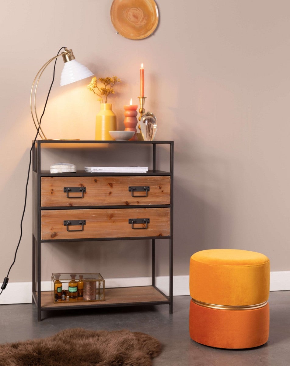 ART DECO - Tabouret pouf en velours orange avec cerclage doré - 2