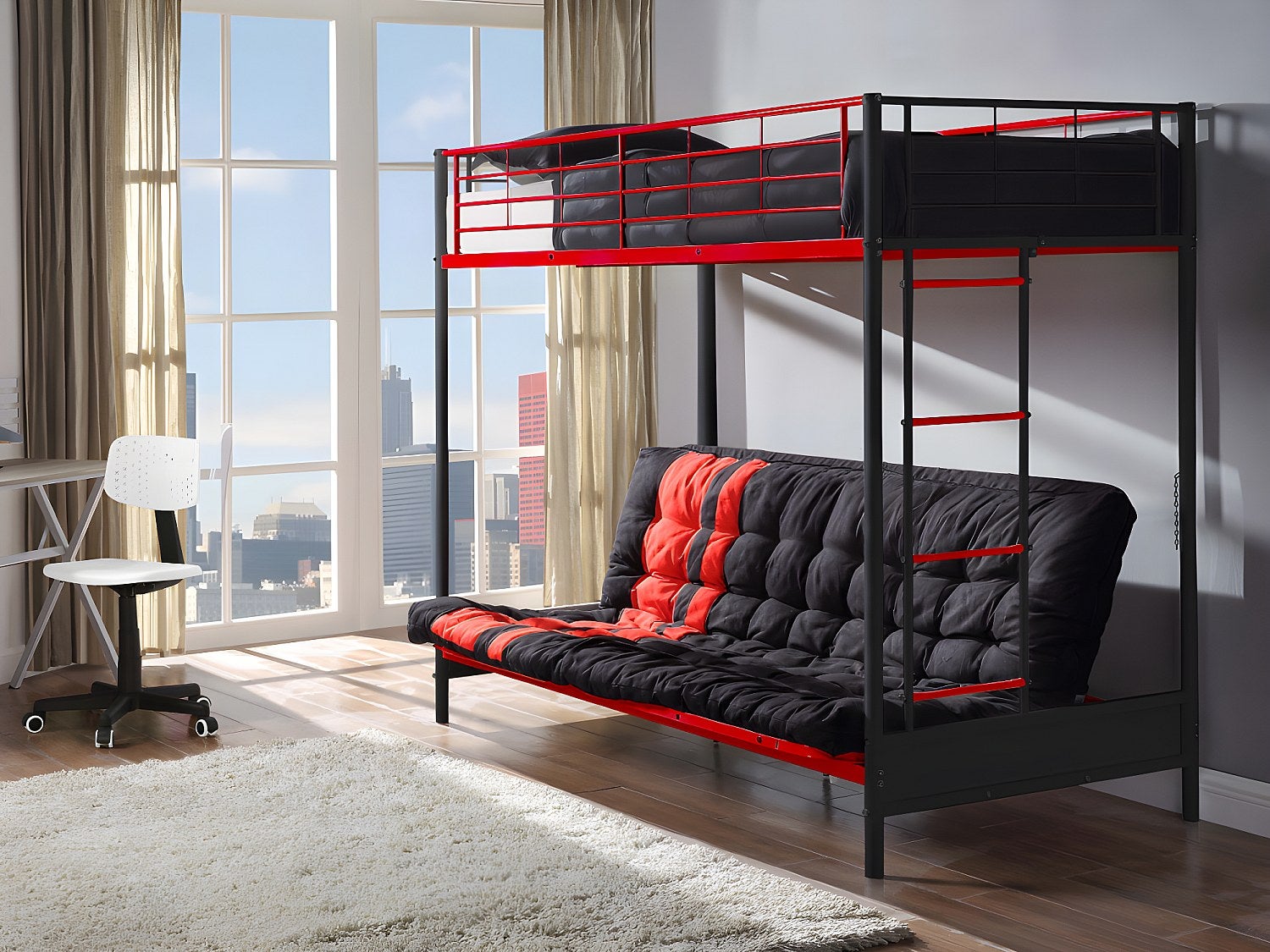 Łóżko na antresoli 90 x 190 cm - Z rozkładaną kanapą - Metal - Kolor czarny + czerwony + futon - MODULO V