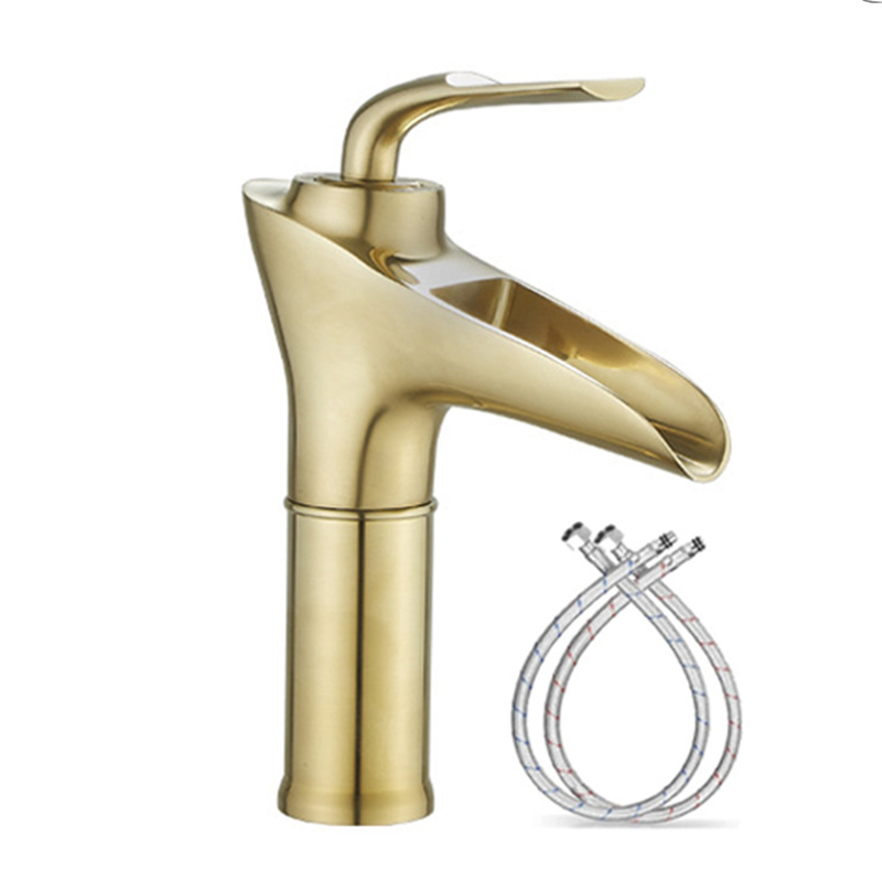 Bateria umywalkowa typu wodospad, wykończenie w kolorze szczotkowanego złota, materiał mosiężny, bateria mieszaczowa jednootworowa.