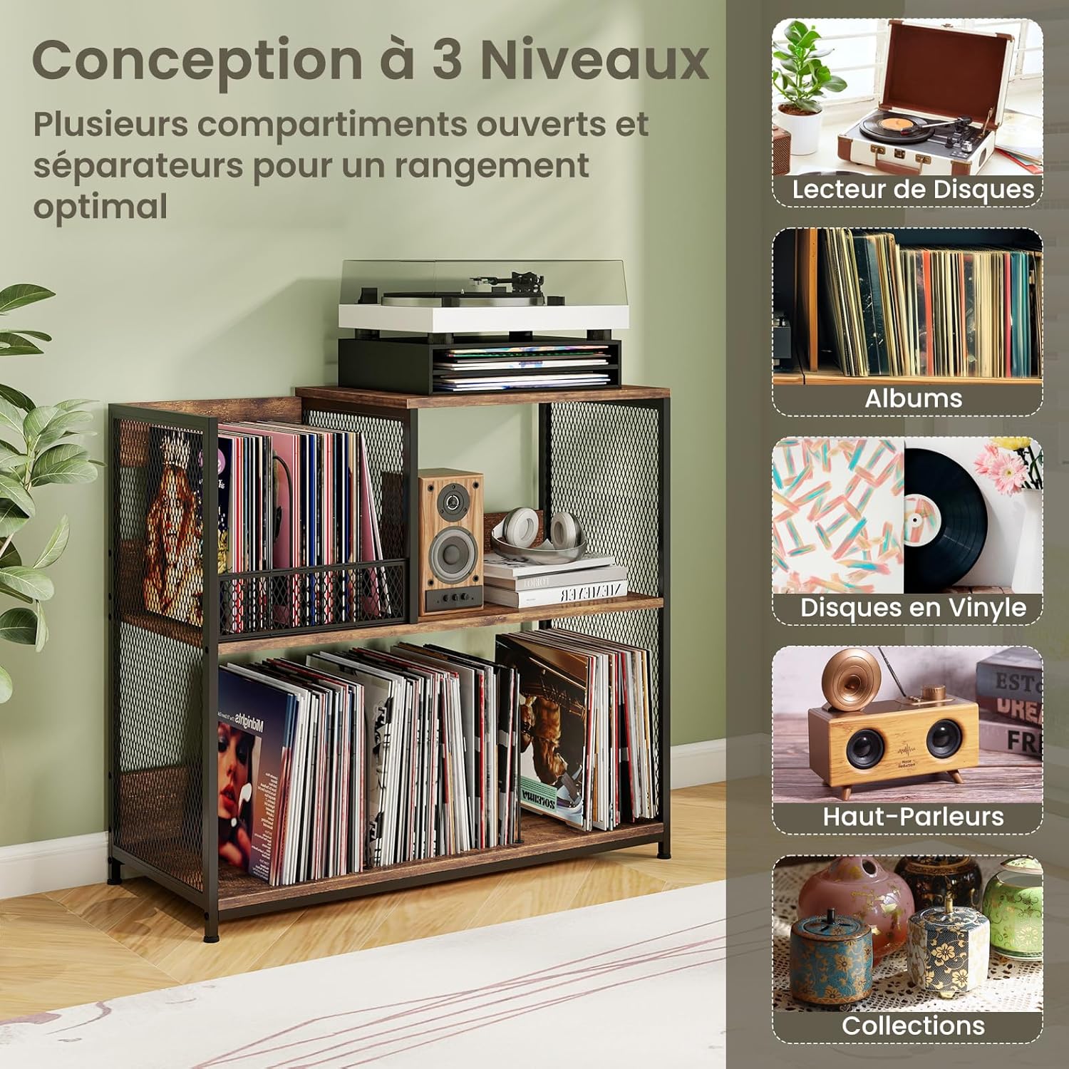 Meuble Platine Vinyle 3 Niveaux pour 300 Albums, Support de Tourne-disques avec3 Séparateurs Amovibles et Structure Métallique, Étagère Rangement - 3